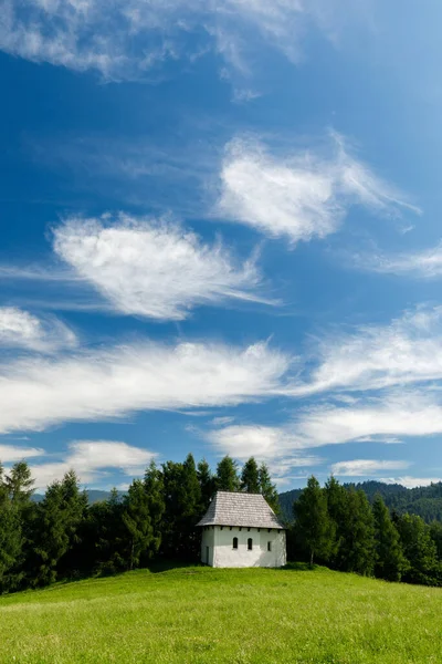 Mavi Gökyüzünün Altındaki Küçük Beyaz Kulübe Pieniny Mount Taki Yeşil — Stok fotoğraf
