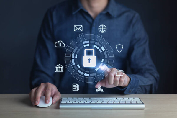 Концепция кибербезопасности и защиты данных. И технология безопасности интернет-сети. цифровая земля и значок защиты