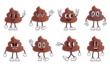Poop cute character toilet shit emoticon poo set. Vector flat graphic design illustration