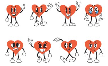 Kalp çizgi film karakteri yüz ifadesi farklı poz veriyor. Vektör düz grafik tasarım çizimi