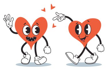 Kalp retro sevimli karakter aşk çizgi film izole seti. Vektör düz grafik tasarım çizimi