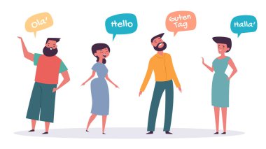 Çok dilli selamlaşmalar, farklı dil kavramları konuşmalar. Vektör düz grafik tasarım çizimi