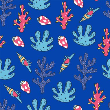 Mercan deniz bitkisi, su resifleri, sualtı tropikal desenleri. Vektör düz grafik tasarım çizimi