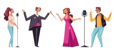 Müzisyen karakterler yalıtılmış müzik seti çalarken şarkı söylerler. Vektör düz grafik tasarım çizimi