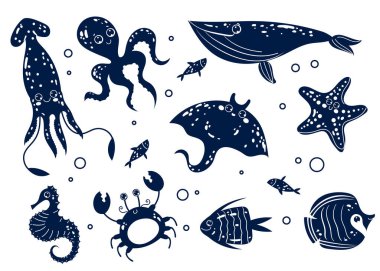 Deniz okyanusu sevimli hayvan su altı karakterleri izole edilmiş. Vektör düz grafik tasarım çizimi