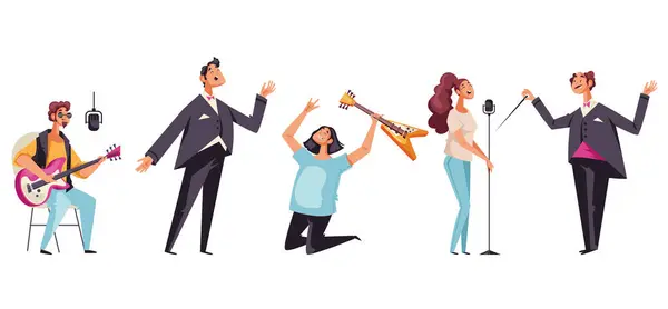 Musicians Characters Sing Song Playing Music Isolated Set Vector Flat — Vettoriale Stock