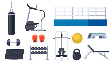 Jimnastik aletleri silueti egzersiz aksesuarları izole edildi. Vektör düz grafik tasarım çizimi