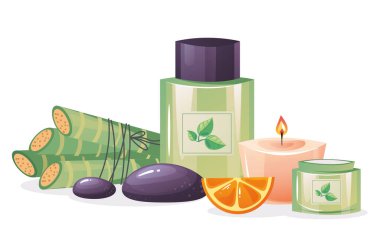 Spa cilt bakımı güzellik kozmetik reklam paketleme konsepti. Vektör karikatür grafik tasarım elemanı çizimi