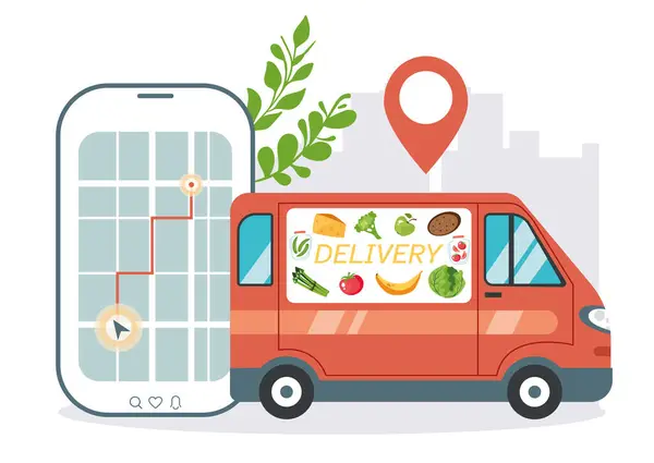 Food Delivery Truck Van Door House Address Concept Vector Graphic Лицензионные Стоковые Векторы