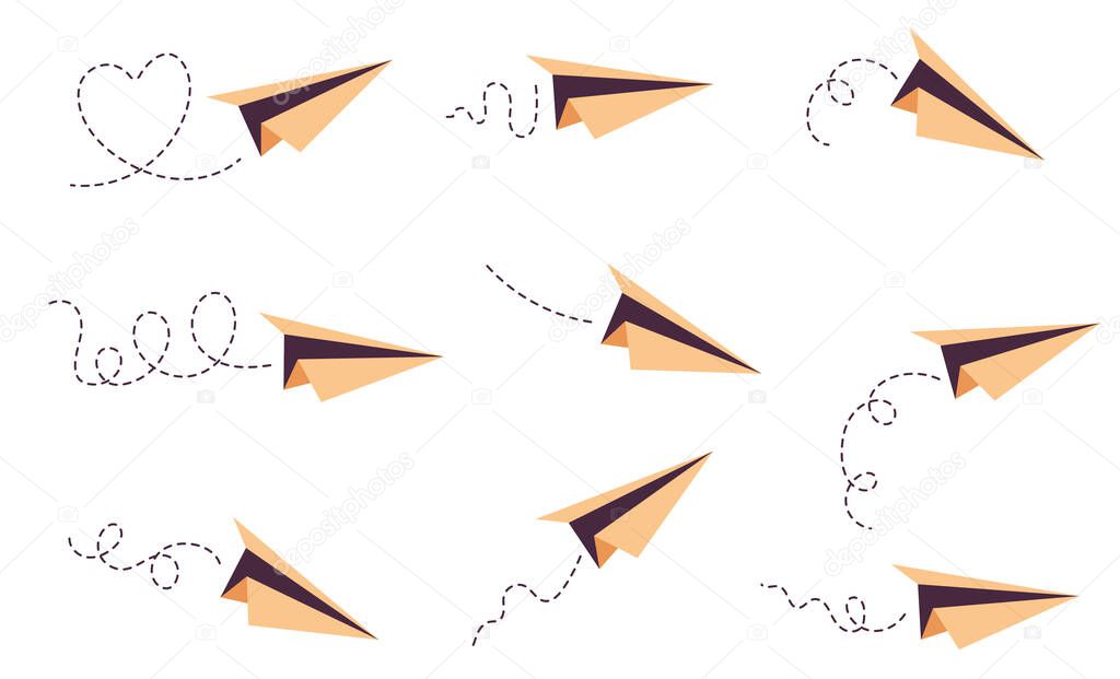 Paper airplane plane fly aeroplane isolated set. Vector graphic design illustration