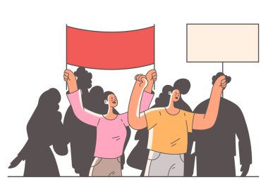 Bir grup insan pankart tutuyor ve isyan eyleminde çığlık atıyorlar. Vektör düz çizgi film grafik çizim seti
