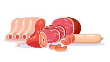 Farklı türde et bileşimi izole edilmiş bir kavram. Vektör düz grafik tasarım çizimi