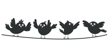 Tel üzerinde oturan siyah gölge kuşları. Vektör düz grafik tasarım çizimi