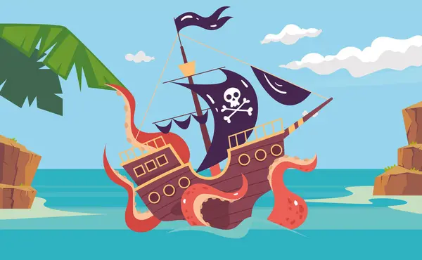 stock vector Pirate ship fight with kraken concept. Vector flat graphic design illustration