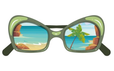 Plaj tatil köyü yansımalı güneş gözlüğü izole edilmiş bir kavram. Vektör düz grafik tasarım çizimi