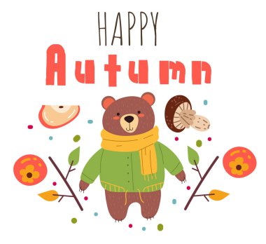 Mutlu sonbahar hayvan izole konsepti. Vektör düz grafik tasarım çizimi