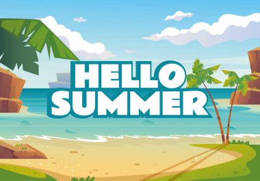 Merhaba yaz afişi poster tasarımı konsepti. Vektör düz grafik tasarım çizimi