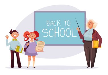 Okul çocuklarına geri dönüş çizgi film eğitimi arka plan afişi konsepti. Vektör grafik tasarımı illüstrasyonu