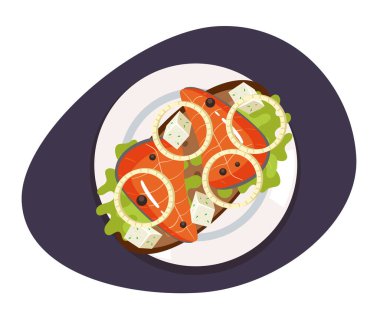 Balıklı somon balığı, tilapia, tenha bir yemek konsepti. Lokanta menüsü konsepti. Vektör karikatür grafik tasarım elemanı çizimi