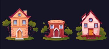 İzole edilmiş küçük büyülü cüce evleri. Vektör düz grafik tasarım çizimi