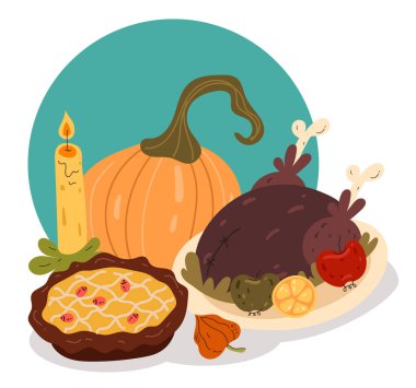 Hindi ve balkabağı vektörü düz grafik tasarım resimleriyle Şükran Günü yemeği