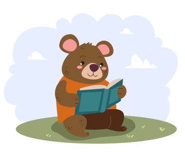 Orman hayvanı karakterleri kitap konsepti okuyor. Vektör düz grafik tasarım çizimi