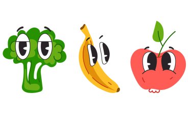 Meyveli sebze karakteri çizgi film yüz ifadesi komik duygu izole seti. Vektör düz grafik tasarım elemanı çizimi