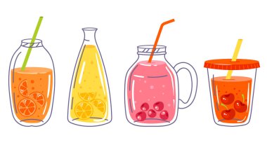 Meyve suyu ve limonata suyu, taze meyve suyu ve meyve şişesi izole edilmiş. Vektör düz grafik tasarım elemanı çizimi
