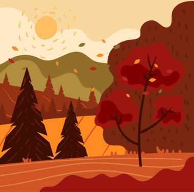 Autumn Forest Park sokak sahnesi konsepti. Vektör düz grafik tasarım çizgi film illüstrasyonu