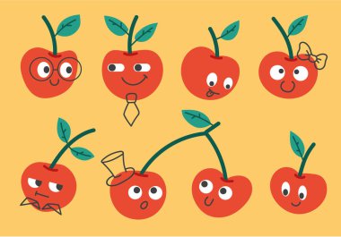 Beyaz arka planda izole edilmiş yüzleri ve farklı duyguları olan kiraz. Vektör düz grafik tasarım çizgi film illüstrasyonu