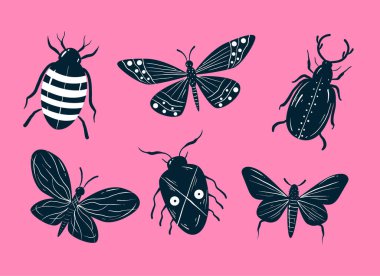 Böcekler ve kelebekler düz bir şekilde izole edilmiş. Vektör grafik tasarım çizim ögesi