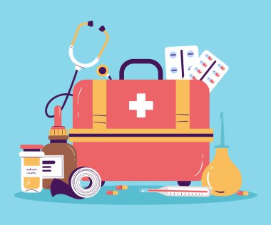 İlk yardım çantası ve ilaç kompozisyon konsepti. Vektör grafik tasarım çizim ögesi 