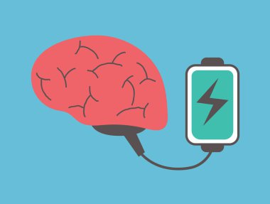 Enerji yüklü mutlu beyin karakteri konsepti. Vektör grafik tasarım çizim ögesi