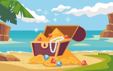 Deniz kıyısındaki karikatür konseptinde altın dolu korsan hazine sandığı. Vektör grafik tasarımı illüstrasyonu