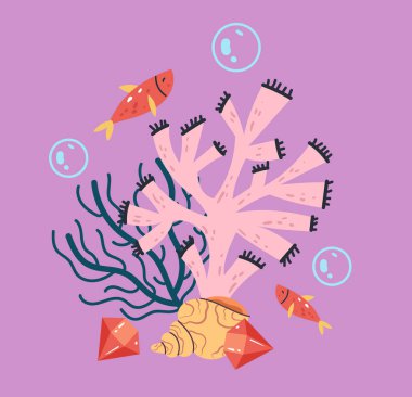 Deniz yosunu ve deniz dibi kompozisyon konsepti. Vektör grafik tasarım çizim ögesi