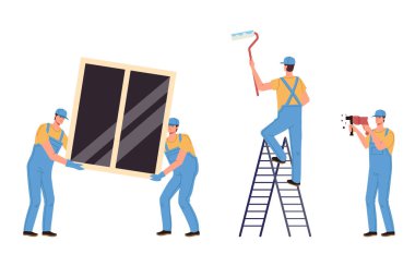 Tamirciler basit düz çizgili sanat seti. Vektör grafik tasarım çizim ögesi