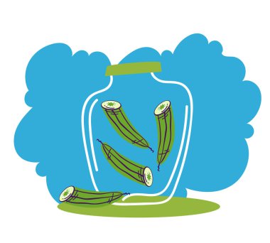 Salatalık turşusu ve domates kavanozda basit çizgi tarzı izole konsept 