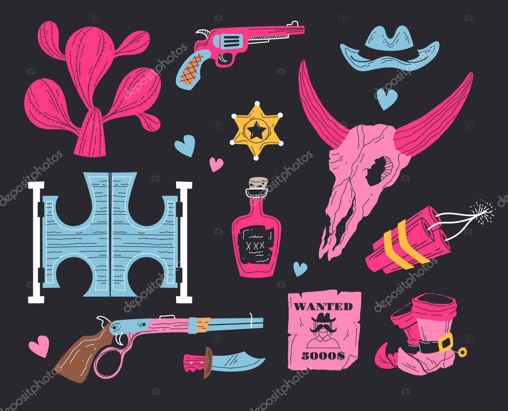Western cowboy icon west wild doodle style line art concept set. Vector cartoon graphic design element illustration