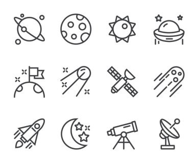 Uzay çizgisi simgeleri. Taslak semboller seti, basit grafik elementler, modern doğrusal stil siyah piktogram koleksiyonu. Vektör satırı simgeleri ayarlandı