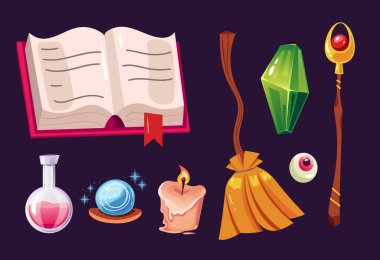 Cadı sihirli kristal çizgi film oyun elementleri izole edildi. Vektör grafik tasarımı illüstrasyonu