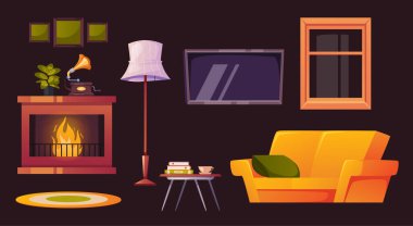 Şöminenin içi rahat ev çizgi film konseptiyle dolu. Vektör grafik tasarımı illüstrasyonu
