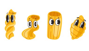 Makarna çizgi film karakterleri izole edilmiş yüz ifadeleri ile yüzleşir. Vektör grafik tasarım ögesi çizimi