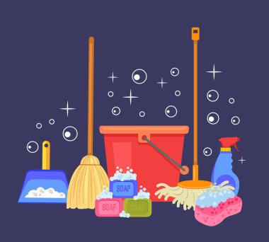 Temizlik evi hijyen aletleri ev temizliği soyut kavramı. Vektör grafik tasarım çizim ögesi