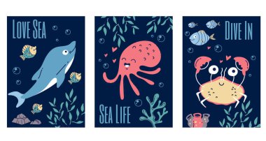 Deniz hayvanı okyanusu, su altında sevimli el ilanları, izole edilmiş konsept. Vektör grafik tasarımı illüstrasyonu