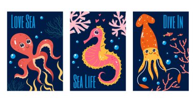 Deniz hayvanı okyanusu, su altında sevimli el ilanları, izole edilmiş konsept. Vektör grafik tasarımı illüstrasyonu