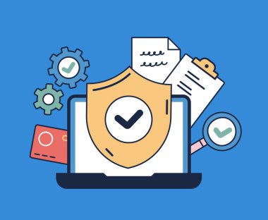Bilgisayardaki bilgisayar bilgisayarında veri gizliliği koruması. Güvenlik e-posta bilgisi kişisel veri ağı bağlantı kavramı. Modern basit çizgi taslak biçimi. Vektör karikatür grafik tasarım ögesi