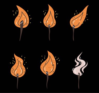 Farklı tipte alevler, basit düz çizgi sanat seti. Vektör grafik tasarım çizim ögesi