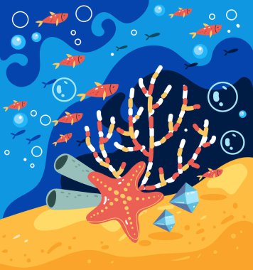 Balıklar okyanus yosunlarını sualtı silueti konseptine sığdırıyor. Vektör düz grafik tasarım çizimi