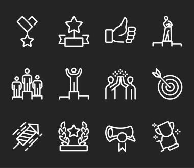 Ödül çizgisi simgeleri. Taslak semboller seti, basit grafik elementler, modern doğrusal stil siyah piktogram koleksiyonu. Vektör satırı simgeleri ayarlandı