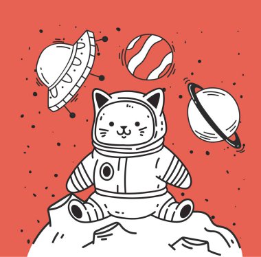Astronot şirin kedi uzay izi konsepti. Vektör düz grafik tasarım çizimi